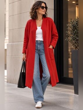 Maje Open‑Front Duster Cardigan Coat - Red Orange OSFM